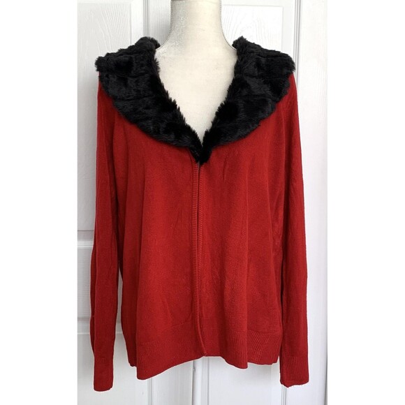 Laura Scott Black Faux Fur Collar Red Sweater Cardigan Size Large - Picture 1 of 4